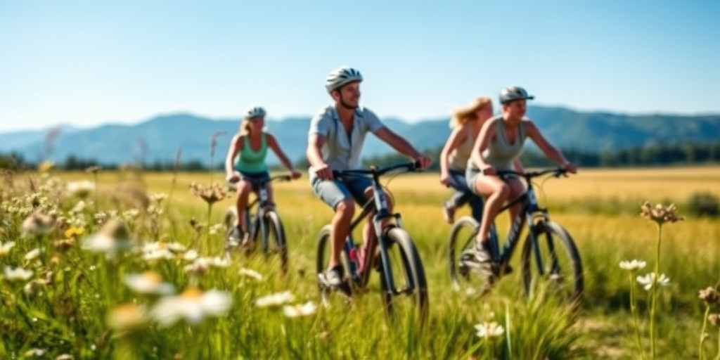Blurry action shot of a group of friends riding bicycles through a sun-drenched meadow, soft focus on the flowers swaying in the breeze, with distant mountains silhouetted against the clear blue sky.