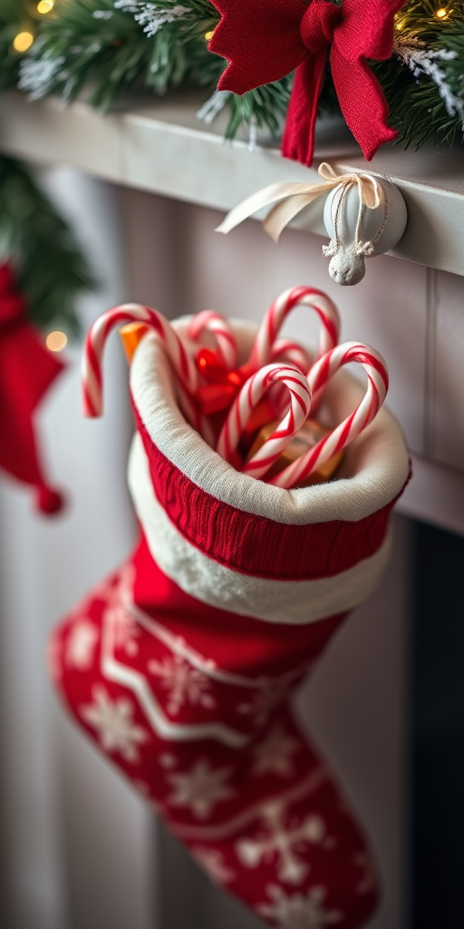 create a detailed image of a Christmas stocking filled with candy canes and gifts, shot with a Canon EOS R5, 50mm f/1.8 lens, aperture f/2.8, ISO 200, in natural light with a soft focus background.