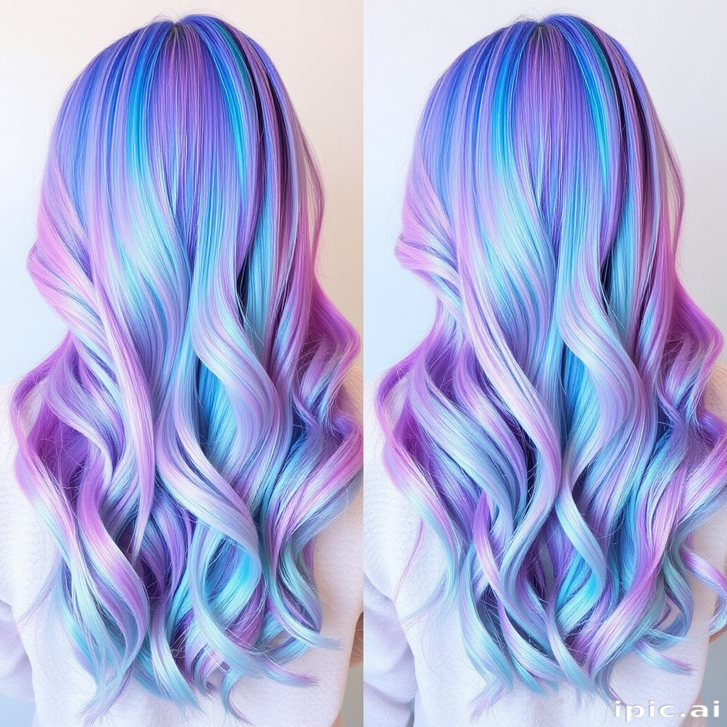Mesmerizing holographic hair color shifting between pastel hues, styled in mermaid waves called "Aurora Dreams" capturing the ethereal beauty of northern lights
