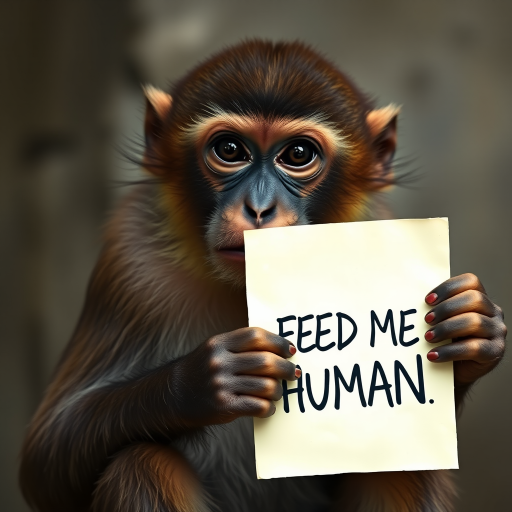 monkey holding a note which says "FEED ME HUMAN"