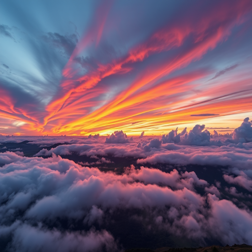 Generate a high-resolution image of a scenic landscape with vibrant colors and dramatic clouds, captured with a Canon EOS R5 at 24mm, f/8 aperture, ISO 100, with a sunset lighting effect and wide-angle view to enhance depth.