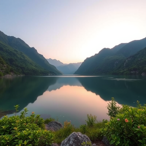 Create an image of a serene landscape featuring a calm lake surrounded by lush green mountains during sunrise, captured with a Canon EOS 5D Mark IV, using a 24mm f/1.4 lens at ISO 100, f/8, and a shutter speed of 1/125 seconds, in a wide-angle perspective for enhanced detail and depth.