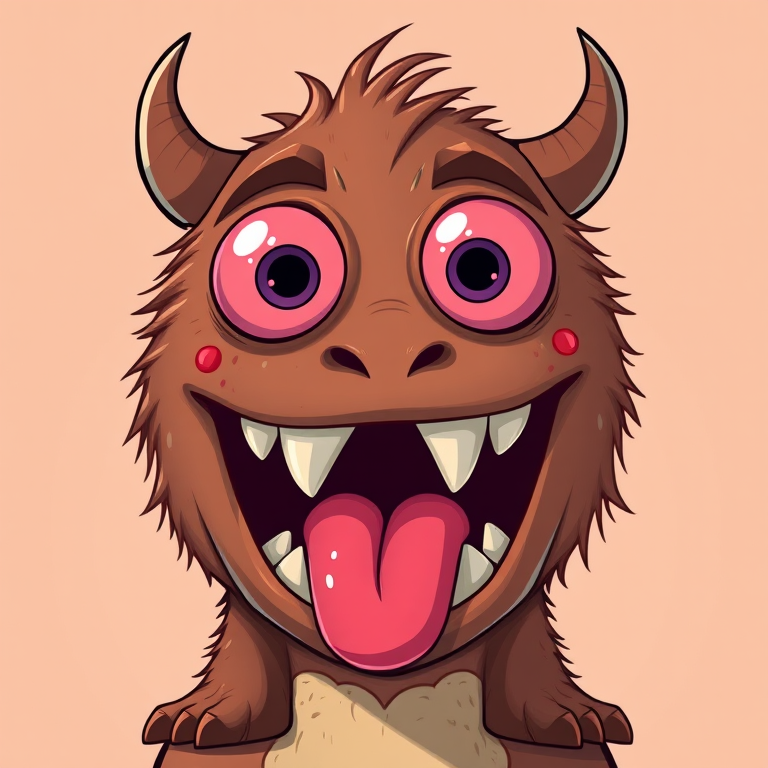 Create a cartoon-style image of a brown monster with a wide mouth, protruding tongue, and large pink eyes using a digital illustration technique, shot from a front view perspective with a high-resolution digital camera set to f/2.8 aperture, ISO 100, and a 50mm lens to enhance image quality and detail.