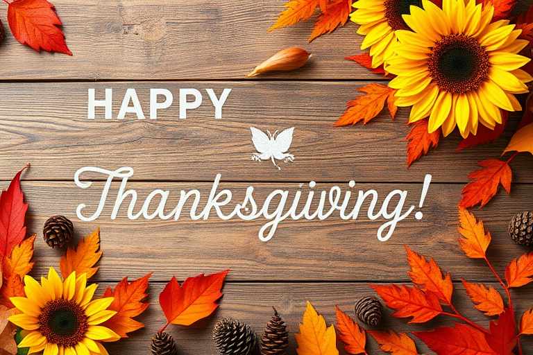 Create a warm and festive autumn scene featuring a wooden background adorned with sunflowers red and orange leaves and pine cones include the text Happy Thanksgiving in a stylish cursive font