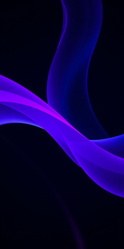 Create an abstract image with smooth, flowing lines in vibrant purple and blue hues on a dark background, captured with a Canon EOS R5, using a 50mm lens, aperture set to f/1.8, ISO 100, at a shutter speed of 1/125s, in a low-light environment to enhance colors and contrast.