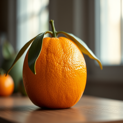 Create a hyper-realistic image of an orange fruit with detailed texture and lighting, using a Canon EOS R5 camera, 50mm lens, aperture f/2.8, shutter speed 1/125 sec, ISO 100, shot in natural light from a slightly elevated angle for a soft depth of field.
