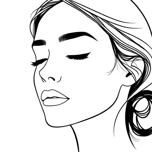 Create a minimalistic line art portrait of a serene female face with soft features and closed eyes against a light background, using a 50mm lens at f/1.8, ISO 100, and a shallow depth of field for a smooth, clean aesthetic.