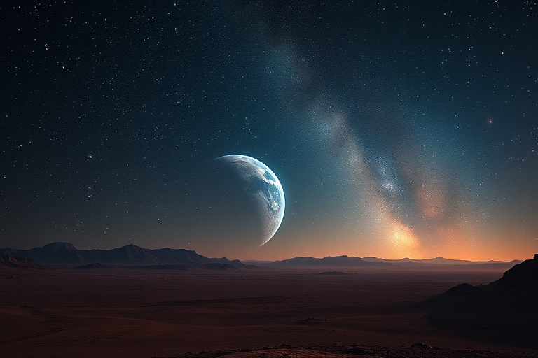 Create a high-resolution digital image of a distant planet viewed from an alien landscape, with a starry night sky featuring bright stars and nebulae, using a full-frame DSLR camera, 24mm lens, aperture f/8, ISO 100, and a long exposure of 30 seconds for enhanced detail and depth.