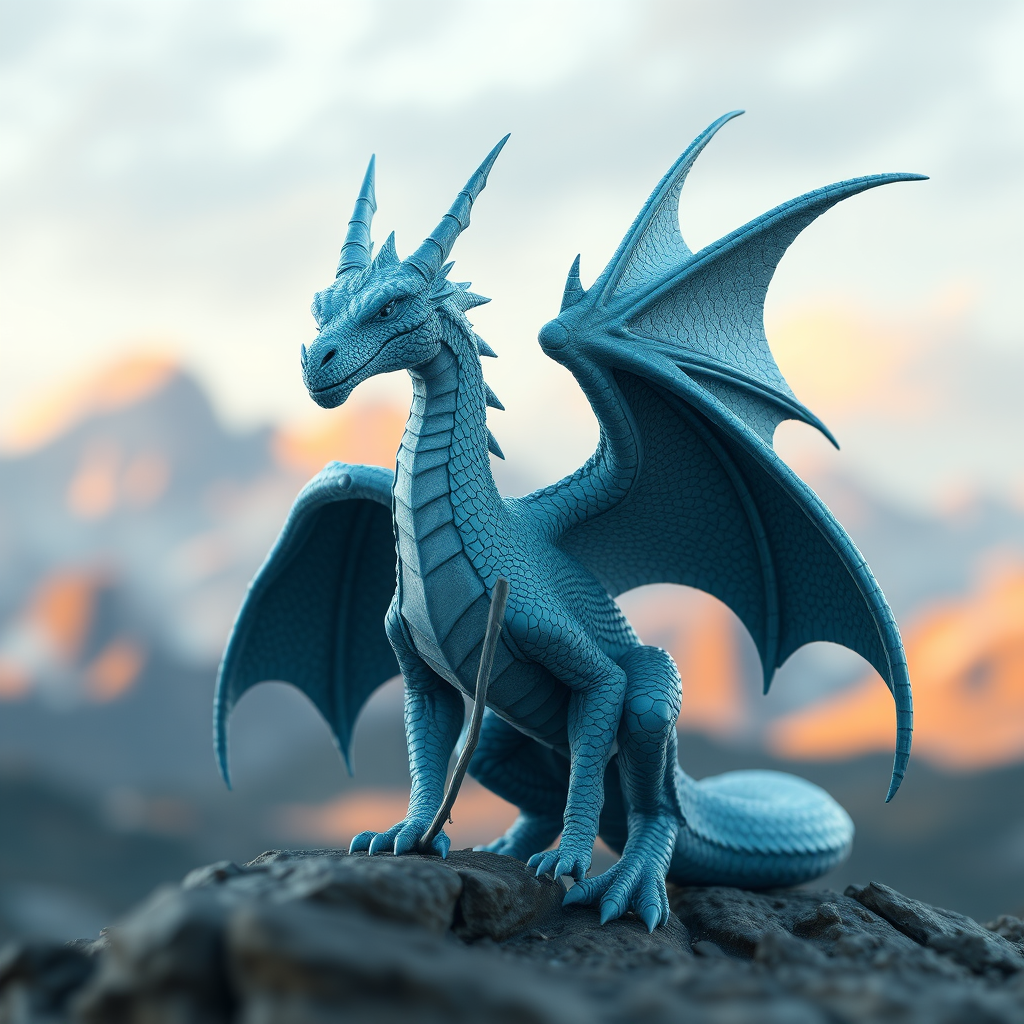 Create a highly detailed 3D rendering of a dragon with icy blue scales and large wings, positioned dramatically against a blurred fantasy landscape background, using a Canon EOS R5, 50mm lens, f/2.8 aperture, ISO 100, and a shallow depth of field for enhanced focus on the dragon.