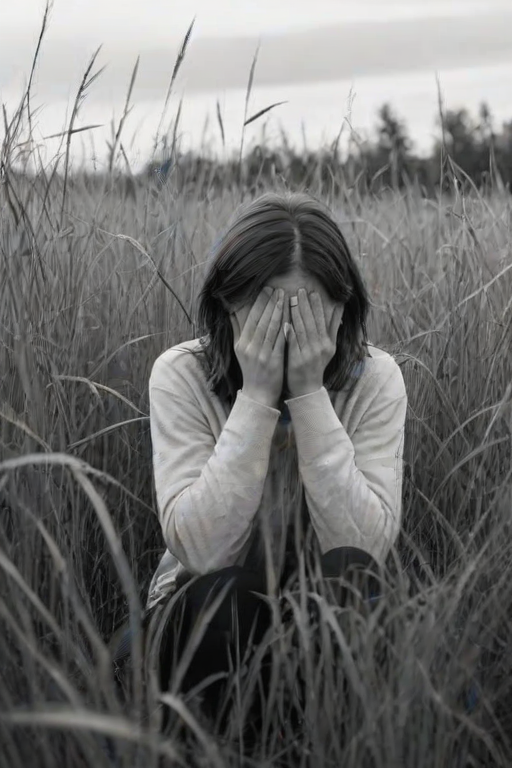 a young person sitting in a field of tall grass, covering their face with their hands, captured in black and white, evoking a sense of introspection and solitude
