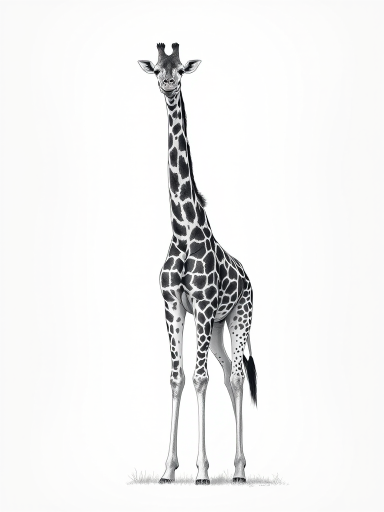Generate a high-resolution black and white illustration of a giraffe standing gracefully in a natural pose, using a Canon EOS R5 camera with a 50mm lens at f/2.8, ISO 100, in a soft focus style with a slight vignette effect.