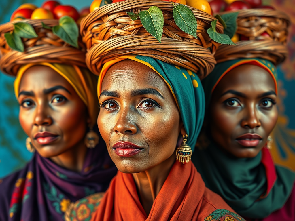 Create a vibrant digital painting of three women with colorful backgrounds, each wearing a basket of fruit on their heads, focusing on contrasting colors and expressive facial features, captured with a Canon EOS R5, f/2.8 aperture, ISO 100, 50mm lens, shot in portrait orientation to emphasize the subject's details.