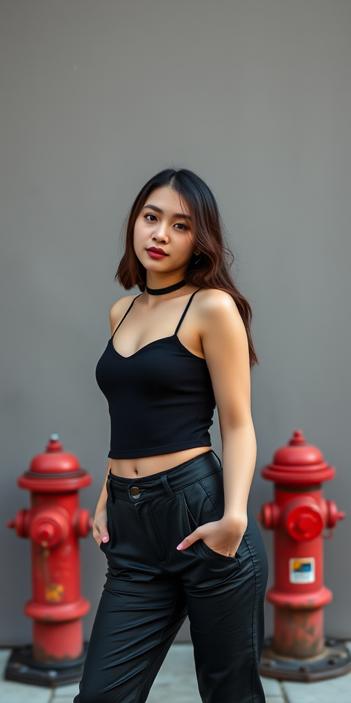 portrait of a young woman in a stylish black outfit posing against a gray background with fire hydrants, soft natural lighting, shot with a 50mm lens at f/1.8, ISO 100, shutter speed 1/200s, using a Canon EOS R camera, shallow depth of field for enhanced subject focus.