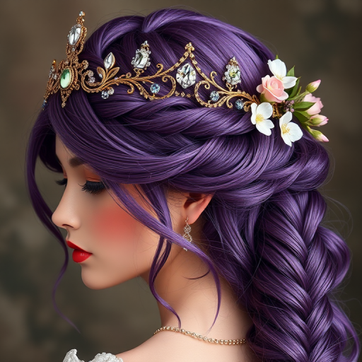 Regal amethyst-haired royalty showcasing an intricate crown braid adorned with glittering gemstones and delicate flowers