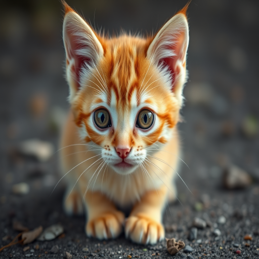 A close-up portrait of an adorable orange tabby kitten sitting on the ground with large, expressive eyes and delicate whiskers, captured with a Canon EOS R5, 85mm lens, f/1.8 aperture, ISO 200, soft natural lighting to enhance colors and details.