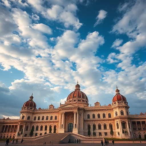 Create an image of a grand palace with intricate architectural details set against a backdrop of dynamic clouds, captured in high resolution with a DSLR camera at f/8 aperture, 1/250 shutter speed, ISO 100, a wide-angle lens at 24mm, and vibrant colors.