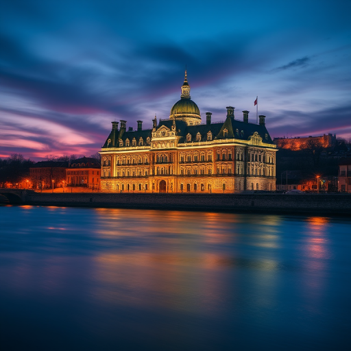 Capture a stunning twilight view of a historic building by the water, with long exposure to smooth the water surface, using a DSLR camera with a 24mm lens, aperture f/8, ISO 100, 15-second exposure time, and a polarizing filter for enhanced colors and contrast.