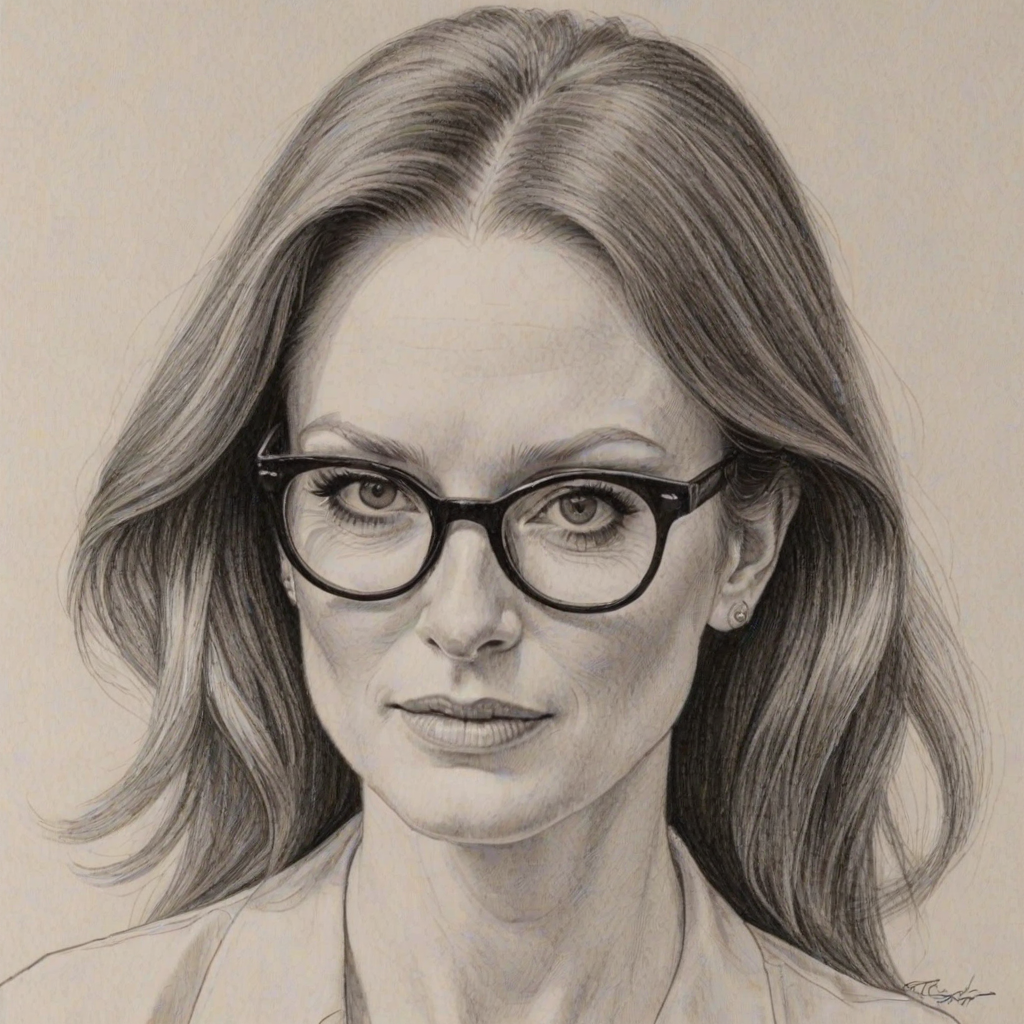 Captivating Julianne Moore, pencil sketch, portrait of Enchanting woman 1956s in glasses, hair style beatnik, outline, clear lines, fine lines, 8k