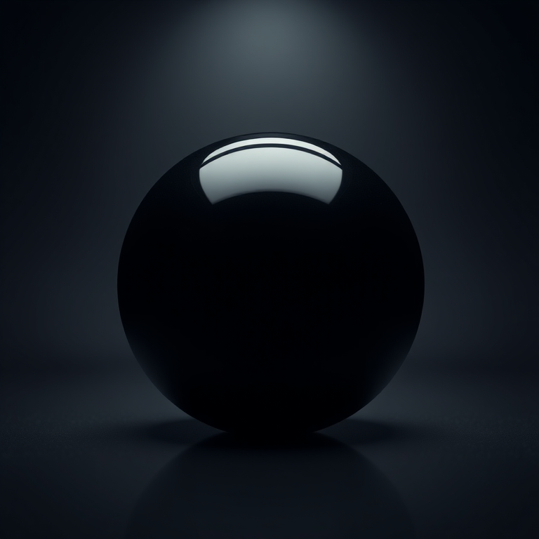 Create a high-resolution image of a sleek, shiny black sphere in a dark environment, with subtle reflections and a soft glow effect, shot with a DSLR camera using a 35mm lens at f/1.8, ISO 100, with a low angle view and soft focus background for enhanced depth.