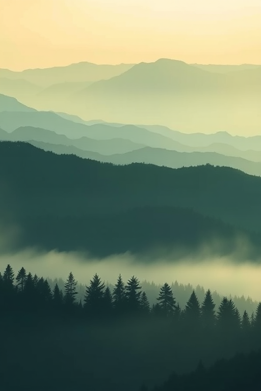 Generate a digital landscape illustration of a misty forest silhouette with layered mountains in the background, using a soft color palette of greens and blues, captured with a DSLR camera at f/8 aperture, ISO 100, 50mm lens, shot from a low angle perspective, with a soft focus effect for enhanced depth.
