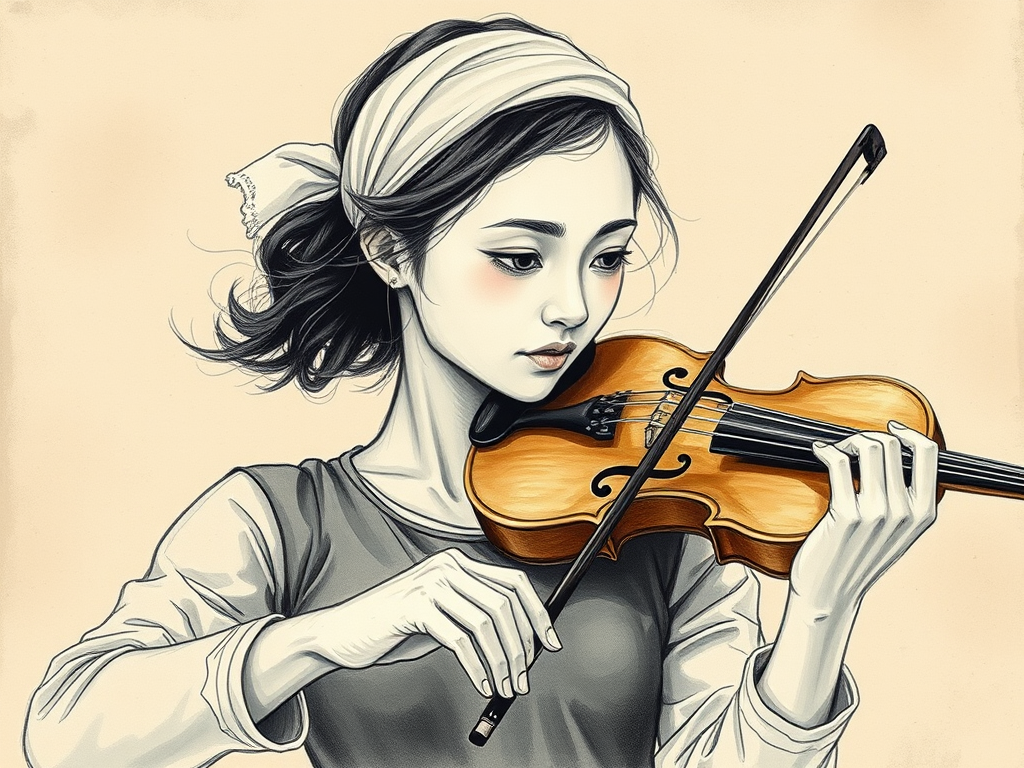 a young Asian woman with a white headband playing a violin, in the style of a charcoal drawing, sepia grunge background