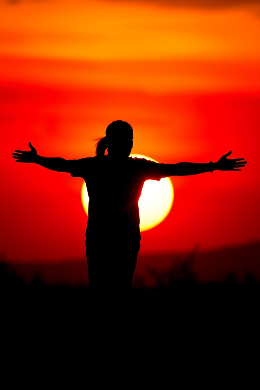 Generate a silhouette of a person with an outstretched arm against a vibrant sunset, capturing the warm colors of oranges and reds, using a Canon EOS 5D Mark IV, 35mm lens, f/8 aperture, ISO 100, and a 1/200s shutter speed for optimal clarity.