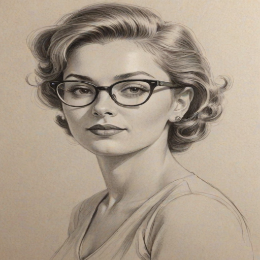 Graceful Annie Jacob, pencil sketch, portrait of Graceful woman 1955s in glasses, hair style beatnik, outline, clear lines, fine lines, 8k