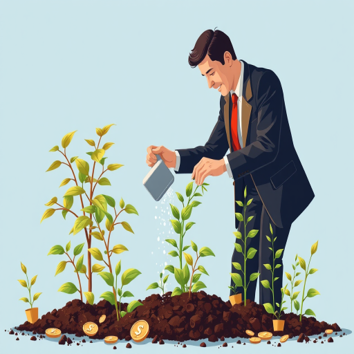 Create an illustration of a businessman in a suit watering a money tree, surrounded by plants with cash and coins, set against a soft blue background, using a Canon EOS R5, 50mm lens, f/1.8 aperture, 1/200s shutter speed, in a flat lay perspective with vibrant colors and smooth gradients for enhanced visual appeal.