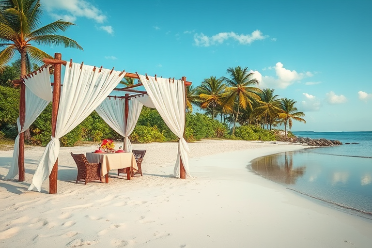 Create a picturesque tropical beach scene featuring a serene, white sandy shore. In the foreground, there's a rustic wooden canopy with white drapes gently flowing in the breeze. Underneath the canopy, a table is set with tropical decor, evoking a sense of relaxation and leisure. The beach extends into a calm, shallow water area with reflections of the sky and surroundings. Palm trees and lush greenery line the edge of the beach, providing a natural, tropical backdrop. The sky is clear with a few scattered clouds, and the overall atmosphere is tranquil and inviting, perfect for a peaceful retreat.
