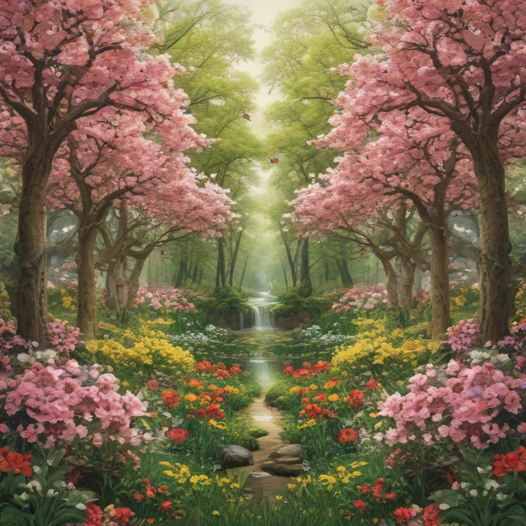 Subtle Spring Landscape Enchanting Spring Landscape with Blossoming Trees and a Tranquil Stream