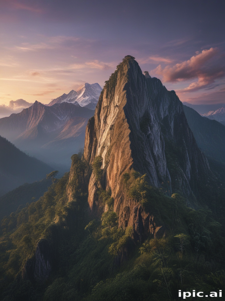 Majestic Mountain Peak Bathed in Golden Sunset Light Surrounded by Lush ...