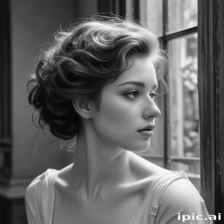 A Serene Black and White Portrait of a Young Woman Gazing Thoughtfully ...