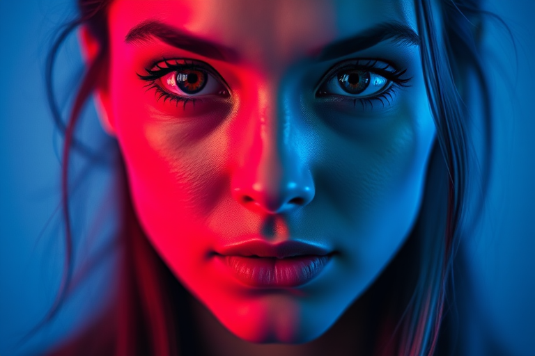 Regenerate a close-up, high-contrast portrait of a woman with a vivid color palette featuring blue and red hues, medium depth of field, ISO 100, aperture f/2.8, shutter speed 1/125 sec, shot on a DSLR camera with a 50mm lens.