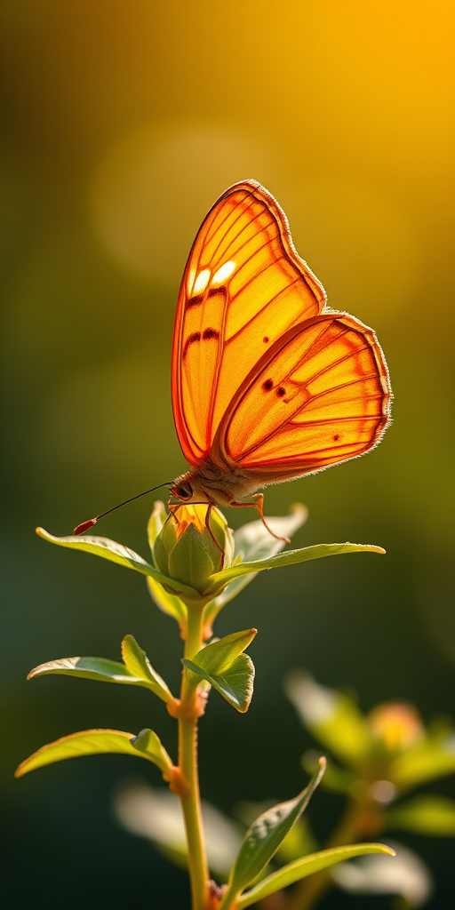 Create an image of a vibrant orange butterfly perched delicately on a green plant. The background should be softly blurred, emphasizing the butterfly and the leaves. The lighting should be warm and natural, highlighting the intricate patterns on the butterfly's wings.