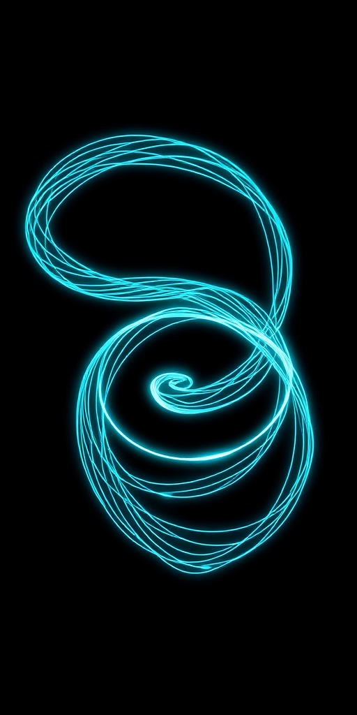 Generate a high-resolution image of a 3D spiral wireframe design with glowing aqua lines on a black background, using a digital camera with a 50mm lens at f/1.8, ISO 100, and a 1/60s shutter speed for increased detail and clarity.