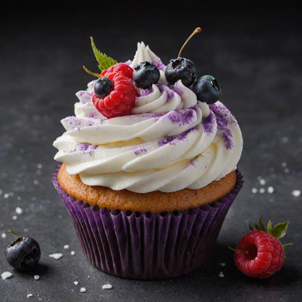 Create an image of a beautifully decorated cupcake topped with a swirl of creamy frosting. The frosting should be adorned with fresh berries like raspberries, blueberries, and blackberries, along with delicate edible flowers. Lightly dust the cupcake with powdered sugar, and set it against a dark background to enhance the vibrant colors and details. Include a few scattered berries around the cupcake for added visual interest.