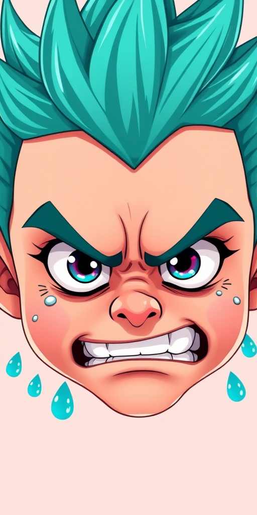 Generate a vibrant cartoon character with spiky teal hair and an angry expression, featuring exaggerated facial features and drops of water around the head, using a high-resolution digital format, with a Canon EOS R5 camera at f/2.8, ISO 100, and a 50mm lens, top-down view, and a vibrant, flat color style.