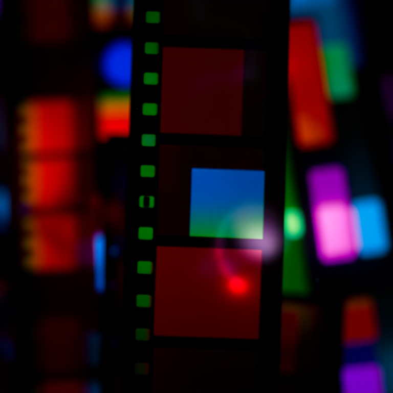 Generate a high-resolution abstract composition featuring a film strip with vibrant color distortions and blocks of color, using a DSLR camera with a 50mm lens, aperture set to f/1.8, ISO 100, and a shallow depth of field for enhanced image quality.