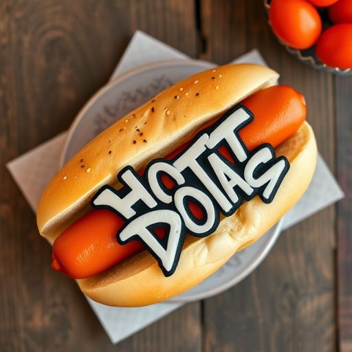 Create a high-resolution image of a stylized hot dog with graffiti-style text on the bun, using a Canon EOS R5 camera, 50mm lens, f/1.8 aperture, ISO 100, natural light, top-down view for enhanced color vibrancy and detail.