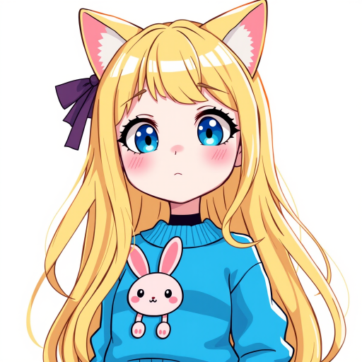 Create a vibrant, cartoon-style illustration of a girl with long blonde hair and cat ear accessories, wearing a blue sweater featuring a cute pink bunny character, shot from a slightly elevated angle with a Canon EOS R5, aperture f/2.8, ISO 100, and a focus on bright colors and clean lines.