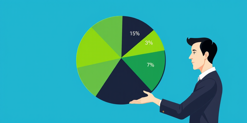 Create an illustration of a person presenting a large pie chart with sections in green and black, featuring percentage symbols, on a solid blue background, shot with a DSLR camera at f/2.8, 1/125 sec, ISO 100, using a wide-angle lens for depth.