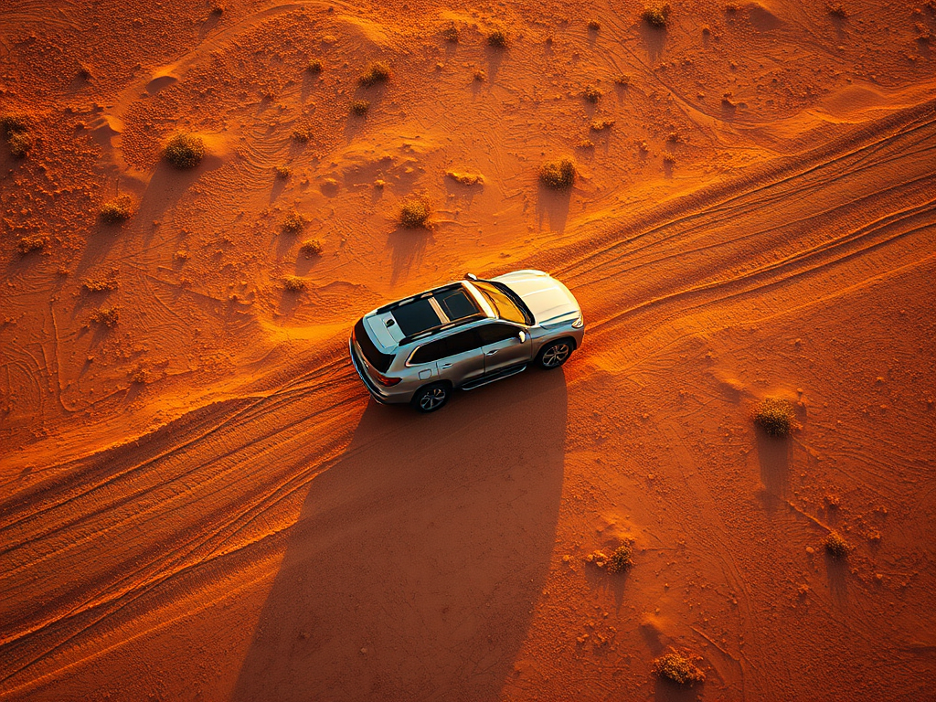 aerial view of a silver SUV on a desert landscape during golden hour, emphasizing rich earthy tones and shadows, using a DSLR camera at f/5.6, ISO 100, shutter speed 1/200s, shot with a wide-angle lens for a dramatic perspective