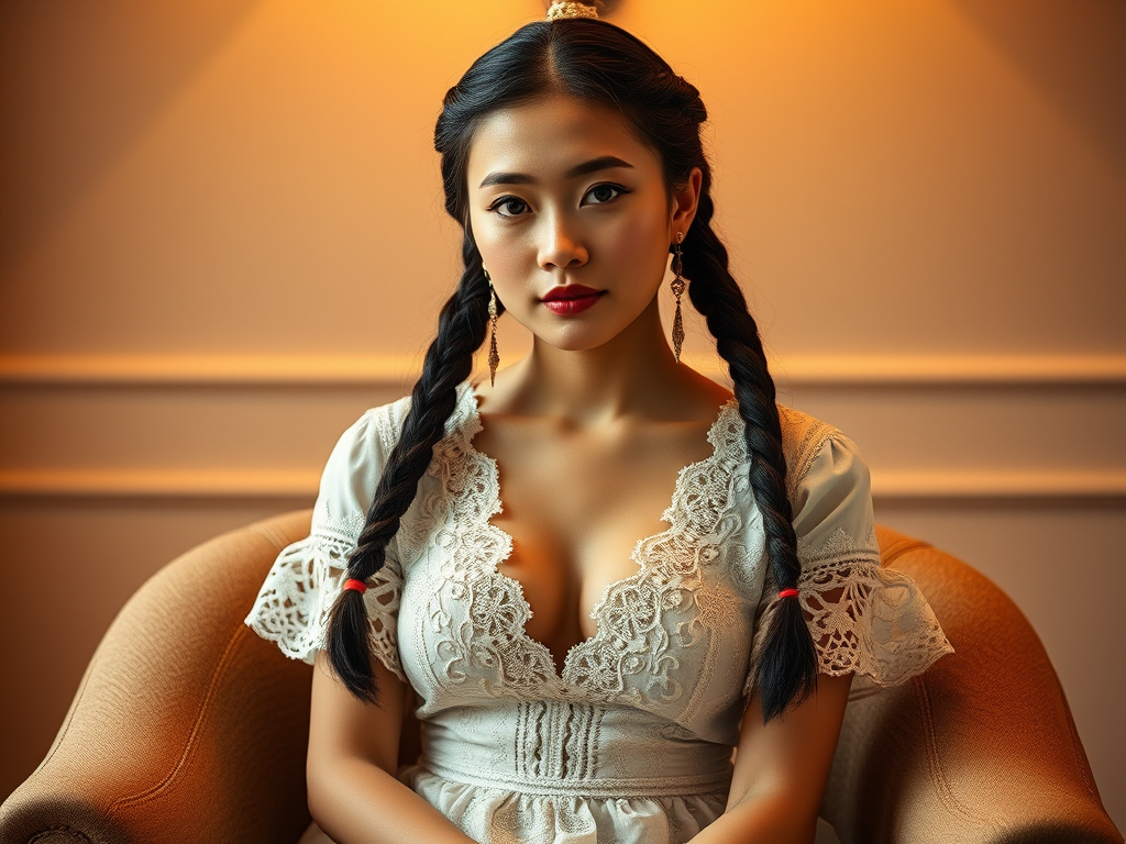 Create a portrait of a refined and elegant Tibetan woman seated in a sophisticated setting. She has long, wavy hair styled in two thick braids that are pulled over her shoulders. She wears a white, lace gown with intricate patterns, featuring a deep V-neckline and short sleeves. The dress exudes a vintage charm with its delicate lacework. She is adorned with ornate, dangling earrings that add a touch of glamour to her appearance. The background is softly lit, with warm, ambient lighting that creates a cozy and inviting atmosphere. Her expression is poised and serene, capturing a sense of grace and elegance.