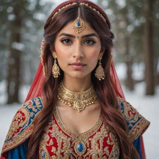 A mia khalifa with long, flowing red hair, wearing a traditional, ornate red and blue costume with gold accents and intricate embroidery, stands facing the viewer in a close-up portrait. Her hair is styled in a high ponytail and adorned with a pair of golden, winged hairpieces. She wears gold earrings and her makeup is accented with light pink blush and a bright red lip. She has a soft and slightly melancholic expression, with her eyes looking directly at the camera. The background is a blurred, out-of-focus snowy landscape, with the woman in the foreground. The lighting is soft and natural, creating a warm, intimate atmosphere. The image is composed using a shallow depth of field, with the woman as the main focal point. The overall style is elegant, delicate, and fairytale-like.