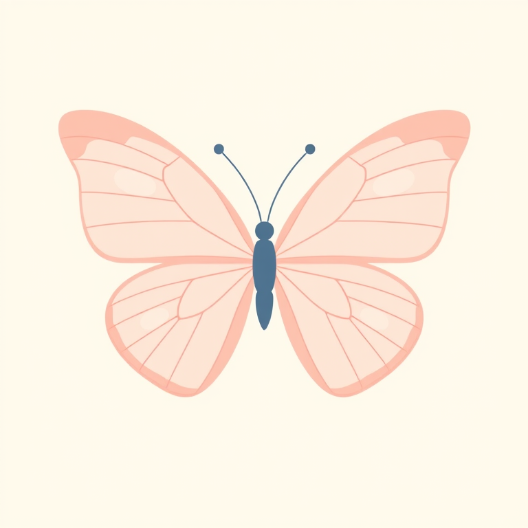 Create a minimalist illustration of a butterfly with two large wings. The wings should be in soft pink and light blue shades, with a simple, elegant design. Add delicate antennae and a subtle outline for the butterfly's body. The background should be light and unobtrusive.