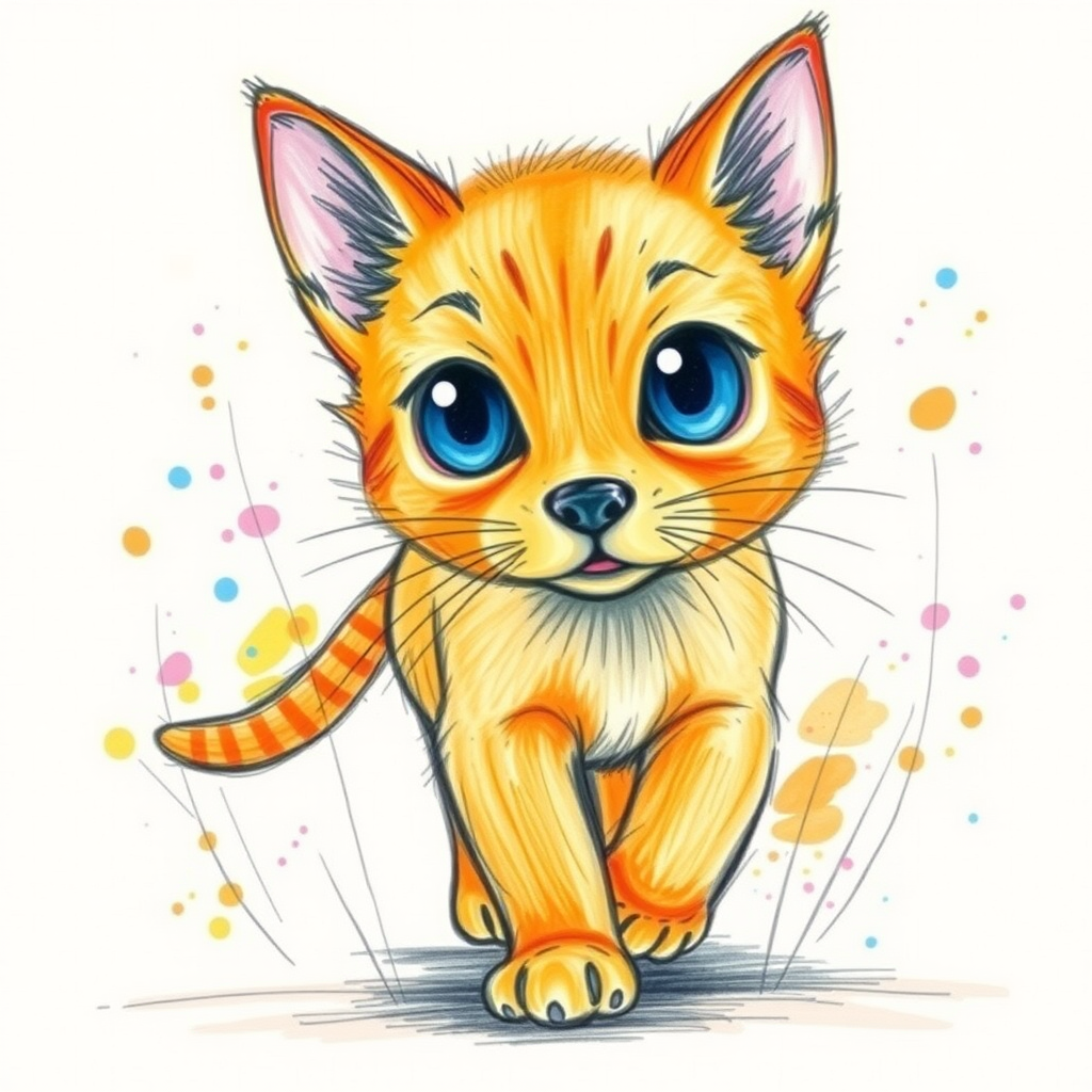A vibrant childs coloured pencil drawn illustration of a bright orange dog with large, expressive blue eyes, a very cute style. The dog appears to be walking towards the viewer, surrounded by an abstract splash of colors and fine black lines, giving the image a dynamic and artistic flair. The background is a soft beige, highlighting the cat's vivid coloration and playful demeanor. Naively drawn scratchy line style.