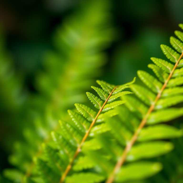close-up shot of a vibrant green fern leaf with a blurred background, natural light, aperture f/2.8, shutter speed 1/200s, ISO 100, macro lens, DSLR camera, shallow depth of field