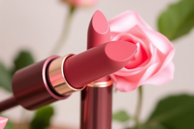 Elegant "Rose Petal" satin-finish lipstick in soft pink, infused with nourishing oils for a smooth application, perfect for romantic and feminine styles
