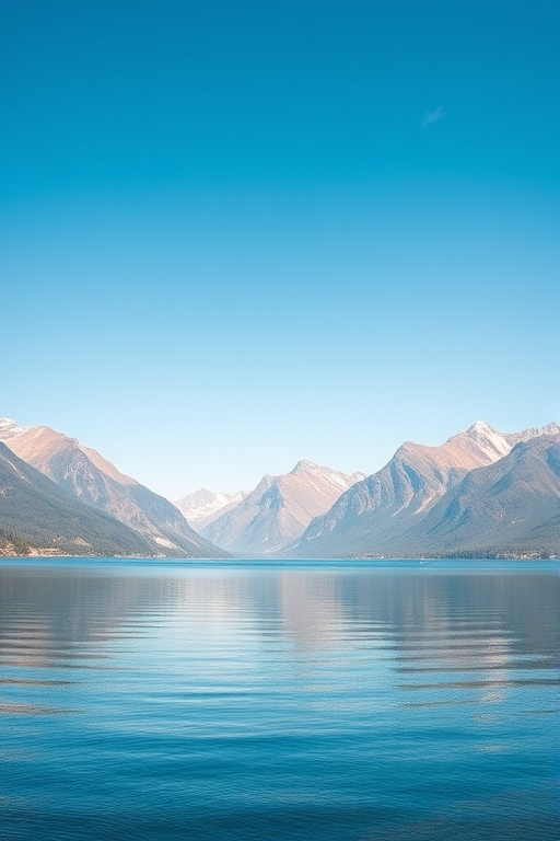 Create a high-resolution image of a serene landscape featuring a calm lake surrounded by majestic mountains under a clear blue sky, captured with a DSLR camera at f/8 aperture, 1/200 second shutter speed, ISO 100, with a wide-angle lens at 16mm, using a shallow depth of field for enhanced background detail.