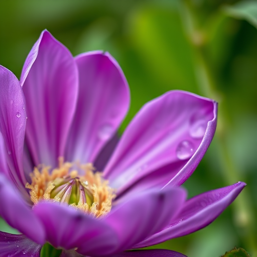 macro shot of a close-up purple ranunculus flower with droplets of water on the petals, soft-focused green foliage in the background, ISO 100, aperture f/2.8, shutter speed 1/200s, 50mm lens, shot with a DSLR camera